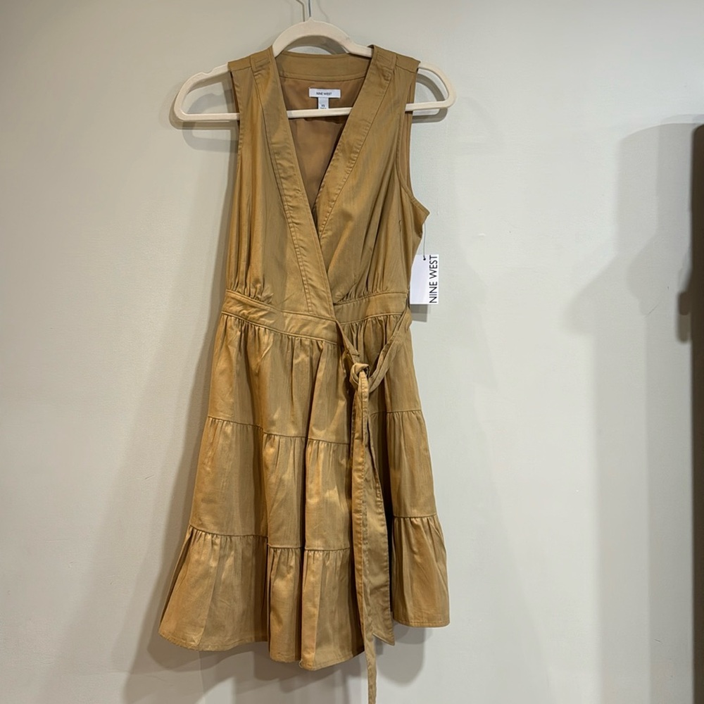 Nine West tan, beige, true wrap, sleeveless tier dress